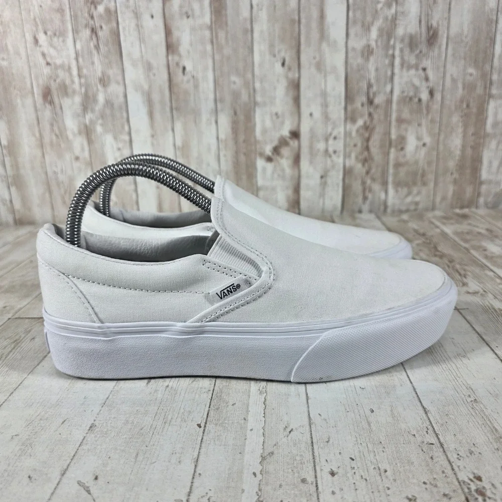 Vans Classic Slip-On Platform Sneakers True White Canvas Shoes Womens 8.5
